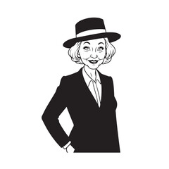 Old woman in formal clothes black and white vector illustration simple minimalist portrait design