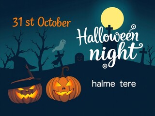 Spooky halloween night with pumpkins and a full moon