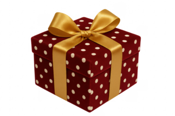 Red gift box with golden ribbon and white polka dots on transparent background