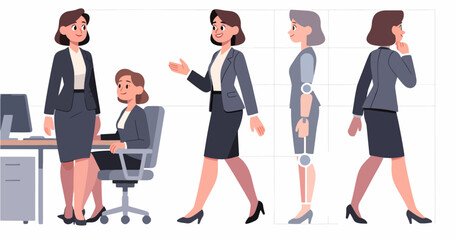 Casual business woman character constructor for animation. Front, side and back view set. Body parts, postures, poses collection. Vector illustration.