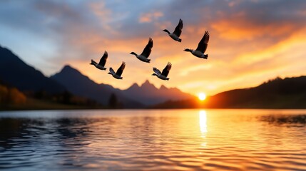 Fototapeta premium Majestic Sunset with Flying Birds Over Calm Lake and Mountains