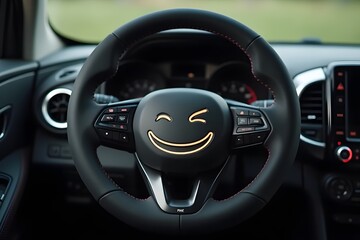 A car steering wheel cover with a smiling face.
