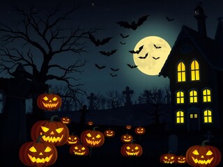 Fototapeta premium Spooky halloween scene with carved pumpkins haunted house and full moon
