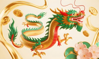 Fototapeta premium Celebrate the Lunar New Year with a vibrant golden dragon and lucky coins for prosperous beginnings