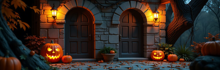 dimly lit eerie background featuring wooden doors antique lanterns casting warm golden glow rich
