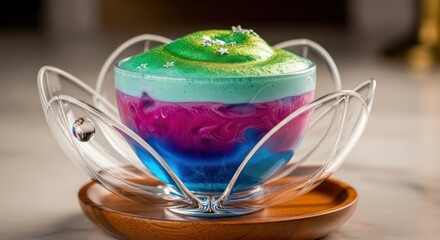 Multicolored layered drink with green foam and star sprinkles in a clear lotus shaped glass