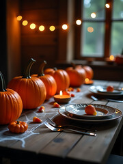 dimly lit wooden table set halloween surrounded vibrant orange pumpkins candy corn lollipops