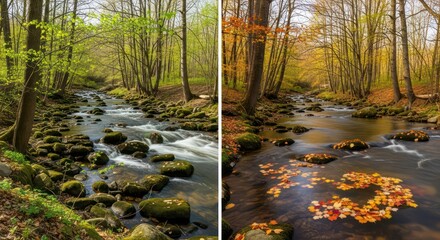 Spring versus Autumn: A split-screen view of a mossy river in different seasons