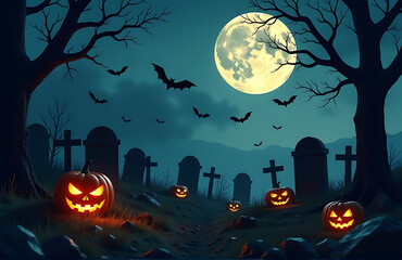 dimly lit halloween graveyard dusk glowing casting eerie shadows tombstones dark silhouettes bats flutter