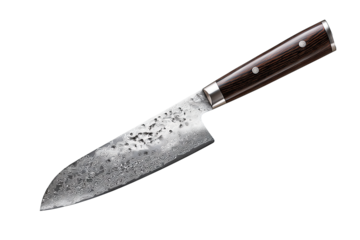 Japanese santoku knife with patterned Damascus blade and pakkawood grip, elegant kitchen tool, isolated on transparent background.