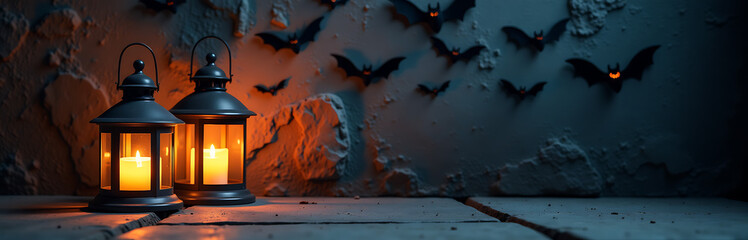 dimly lit halloween night scene features two lanterns worn stone floor dark silhouettes bats flutter menacingly