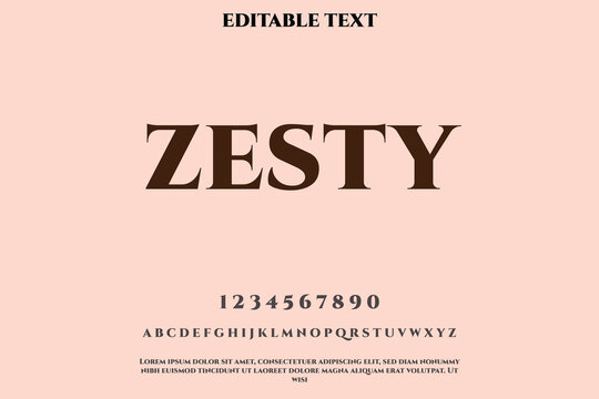 Elegant serif font zesty displaying uppercase letters and numbers