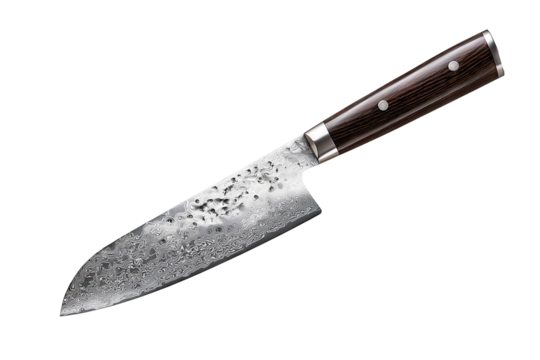 Japanese santoku knife with patterned Damascus blade and pakkawood grip, elegant kitchen tool, isolated on transparent background.
