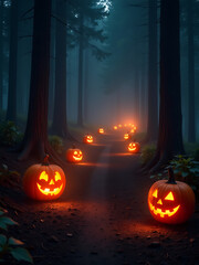 dimly lit forest trail shrouded mist bathed warm golden light intricately carved glowing pumpkins casting long shadows