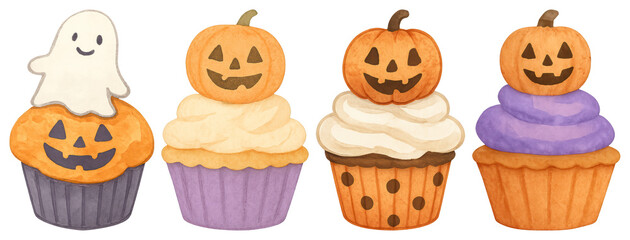 Halloween cupcakes with festive decorations.