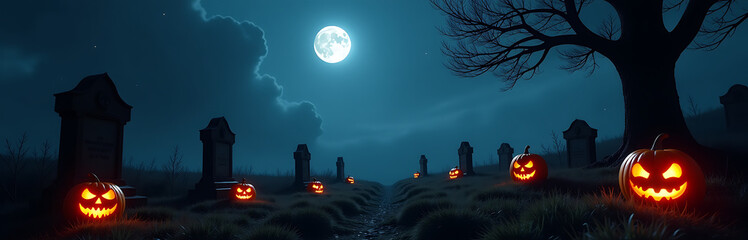 dimly lit graveyard dusk halloween night illuminated eerie glow full moon overhead soft luminescence
