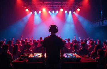 dimly lit concert stage shines bright strobe lights prominent dj stands behind controls sleek gguf model mixer bathed