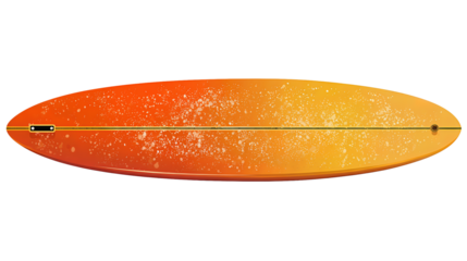 Orange-gold longboard surfboard featuring waxed deck and leash connector, sleek design, isolated on transparent background.
