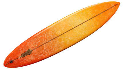 Sunrise-hued surfboard with smooth gradient finish, detailed wax surface and leash plug, isolated on transparent background.
