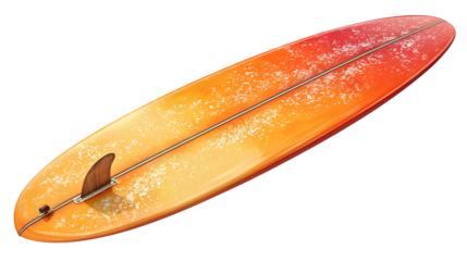 Longboard surfboard in sunrise gradient from orange to gold with wax texture and leash plug, nose pointing right, isolated on transparent background.
