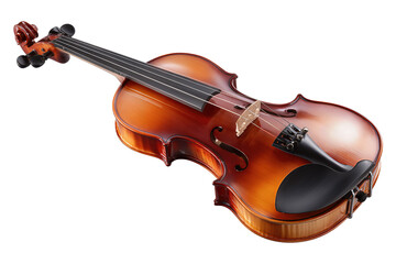 Elegant full violin showing warm varnish tones, spruce figure and matching bow, isolated on transparent background.
