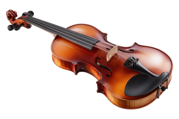 Elegant full violin showing warm varnish tones, spruce figure and matching bow, isolated on transparent background.
