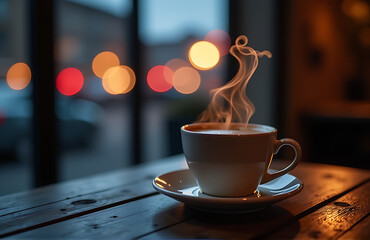 dimly lit steaming coffee cup worn wooden table soft glow city lights illuminating wispy clouds vapor dancing