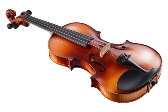 Elegant full violin showing warm varnish tones, spruce figure and matching bow, isolated on transparent background.
