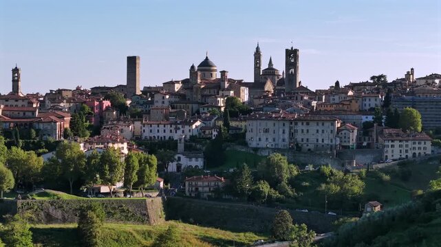 Aerial view of Bergamo Citt&agrave; Alta, Italy. Medieval cityscape with historic architecture, cinematic drone footage of Lombardy&rsquo;s old town and UNESCO site.