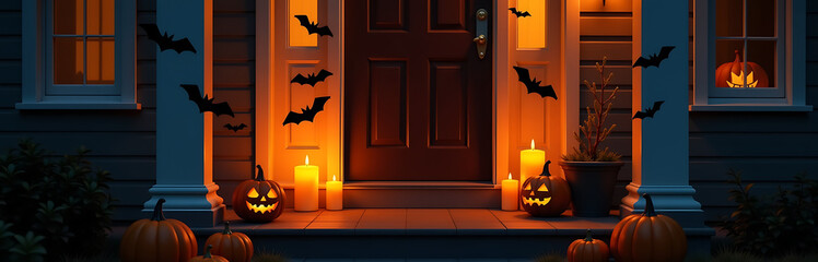 dimly lit autumnal porch glows warmly soft luminescence string candles surrounded cluster carved