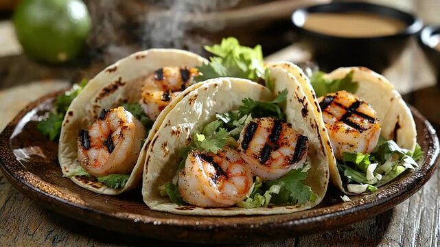 Three delicious grilled shrimp tacos with fresh cilantro served on a rustic wooden plate. Authentic mexican street food with shrimp and corn tortillas, healthy seafood lunch with fresh prawns and cori