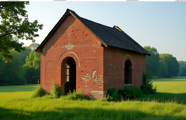 dilapidated structure stands weathered lush green meadow soft morning light gentle shadows cast across cracked