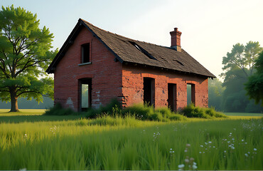 dilapidated structure stands weathered lush green meadow soft morning light gentle shadows cast across cracked