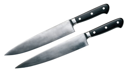 Set of two professional chef knives with dark riveted grips and polished steel finish, arranged, isolated on transparent background.