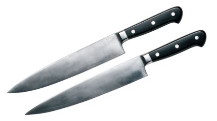 Set of two professional chef knives with dark riveted grips and polished steel finish, arranged, isolated on transparent background.