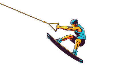 A stylized illustration of a wakeboarder performing a trick.
