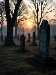 deserted graveyard dusk soft golden light fading behind trees casting long shadows across weathered headstones