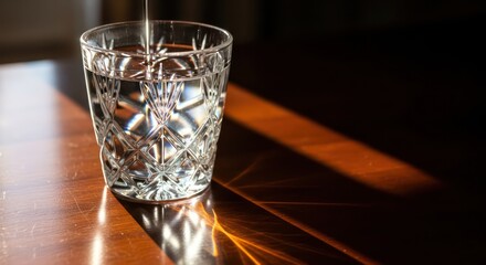 Crystal Glass Filled with Water, Sunlit Wooden Table