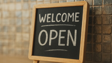 Fototapeta premium Welcome Sign: A classic chalkboard sign with the words WELCOME OPEN, standing prominently against a detailed tile backdrop, indicating open hours and inviting customers to come in.