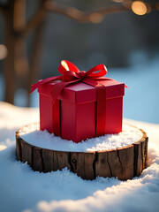 delicately wrapped crimson gift box sits elegantly frosty weathered wooden plinth illuminated soft diffused morning light