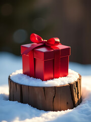 delicately wrapped crimson gift box sits elegantly frosty weathered wooden plinth illuminated soft diffused morning light