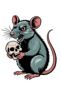 Mysterious rat clutches tiny skull, evoking dark fantasy, horror, and gothic themes