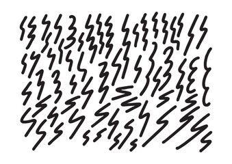 Abstract black lightning bolt pattern hand-drawn on a white background, a dynamic and energetic graphic design element symbolizing electricity, power, and sudden impact