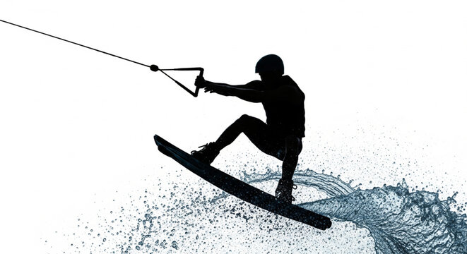 Silhouette of a wakeboarder performing a trick on a wakeboard, water splashes around.