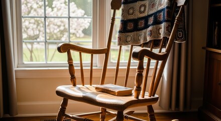 Sunlit Rocking Chair with Book and Quilt, Window View of Blossoming Tree