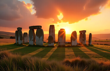 majestic stone circle bathed warm golden light late afternoon stands sentinel amidst sweeping english countryside landscape