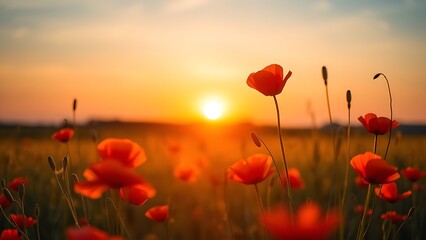 Fototapeta premium Golden sunset over a field of red poppies, capturing the tranquility of nature in warm light.