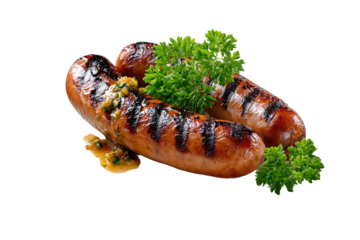 Two grilled bratwursts with crosshatched char marks, served with coarse mustard and parsley, isolated on transparent background.