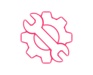 Red neon gear with wrench icon glowing maintenance settings symbol isolated transparent background