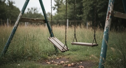 Weathered Playground Swing Set in Overgrown Field with Moody Atmosphere